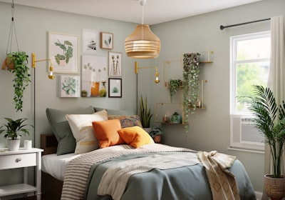 A small bedroom with a gallery wall of prints, hanging plants and orange bedding